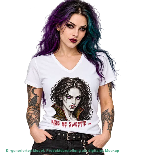 Vampir - Vampirin/Vamp Kiss me sweetie Gothic T-Shirt V-Neck - Bild